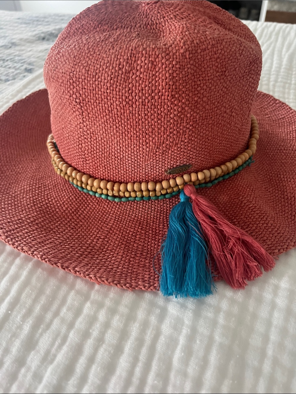 Scala Coral Pink Straw Fedora with Blue Tassel and Beaded Band
